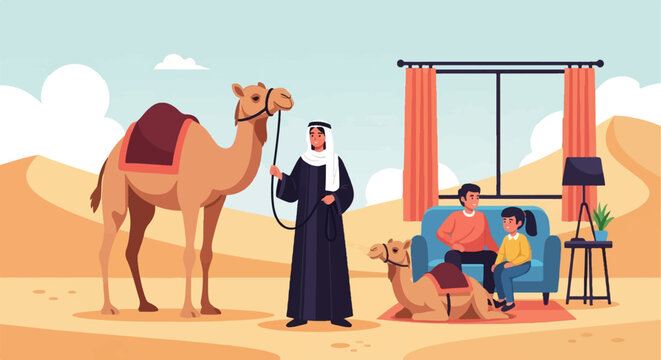 Family enjoys a desert view with camels from indoors