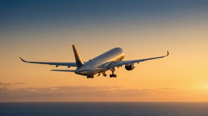 Naklejka premium Commercial Airplane Taking Off at Sunset Over Ocean.