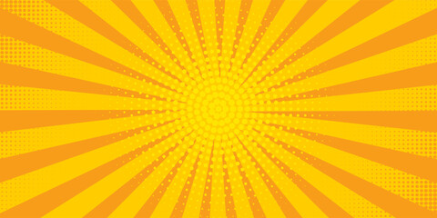 Fototapeta premium Pop art yellow comic book cartoon magazine cover. Cartoon cute retro Strip pattern mock up. Vector halftone illustration. Vintage background for comic superhero text, speech bubble, message.