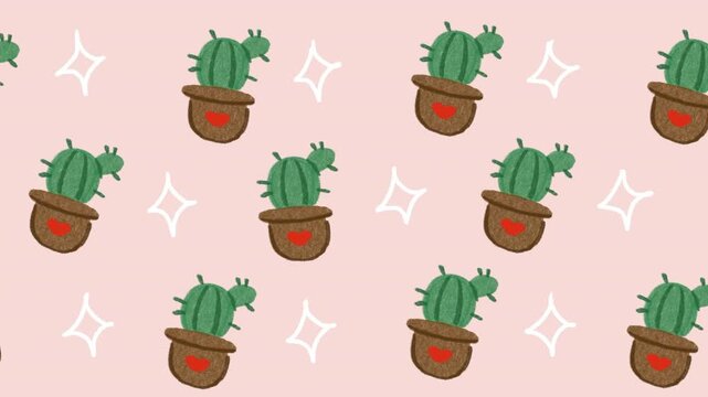 Cute hand-drawn cactus in pot seamless loop pattern on pink background