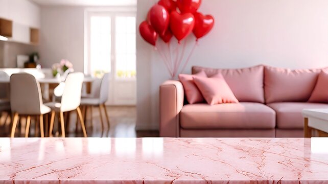 Marble table top, living room at background. Concept for Christmas, Valentine's Day, Mother's Day Women's Day flat lay, copy space, place for text.