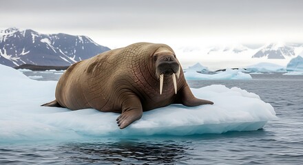 Naklejka premium Majestic Walrus Resting on Iceberg with Arctic Wildlife, Scenic Landscape, and Climate Change Concept.