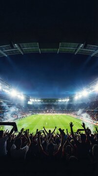 Excited crowd cheering in a brightly lit stadium during a night game.