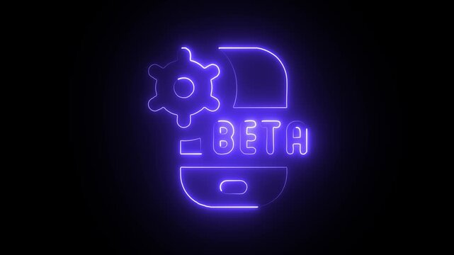 Neon beta software logo with cogwheel and glowing purple text on dark background representing development and testing phase.