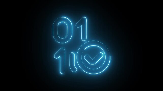 Binary code neon sign with checkmark displayed against a dark background symbolizing digital verification and approval.