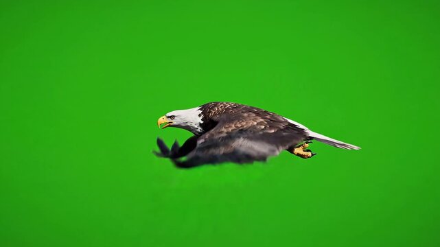 Bald eagle in flight, chroma key green screen background, for video editing or motion graphics