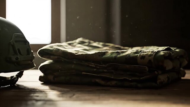 Photorealistic close-up of tactical helmet and camouflage uniform on wooden table. Soft morning light with dust particles. Peaceful mood, shallow depth of field, slow camera pan. 4K resolution.