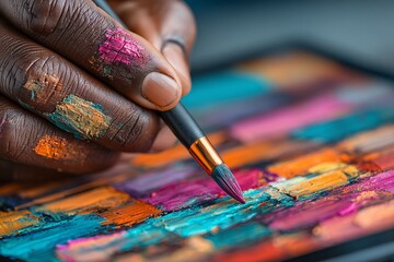 Fototapeta premium An artist using a digital stylus to paint on a large tablet, the tip of the stylus touching the screen, precision and soul