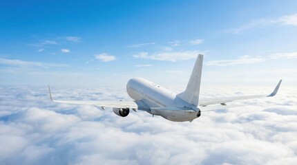 Obraz premium Passenger airplane flying above beautiful clouds on a sunny day with blue sky.