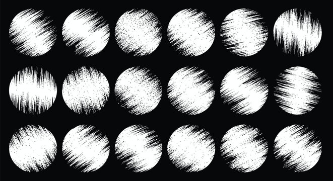 Collection of eighteen distinct white circular brush stroke stamps featuring varied grunge textures and directional line patterns