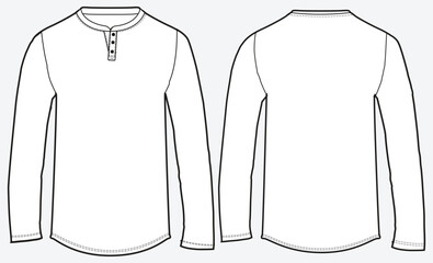 Obraz premium Henley Neck Long Sleeve Crew Neck T-Shirt Flat Sketch. Button placket T-shirt Round Neck Fashion Technical Drawing front and back Vector Template