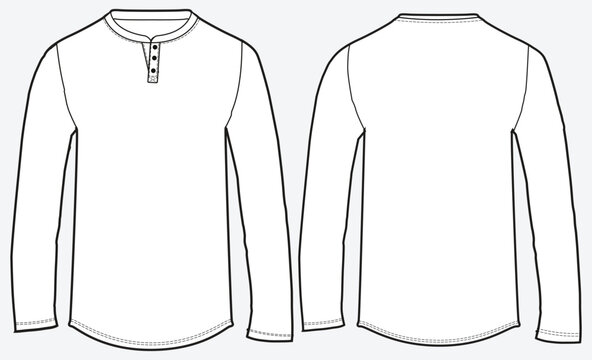 Henley Neck Long Sleeve Crew Neck T-Shirt Flat Sketch. Button placket T-shirt  Round Neck Fashion Technical Drawing front and back Vector Template