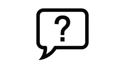 Simple black and white outline icon representing a question mark inside a speech bubble signifying help support or inquiry communication.