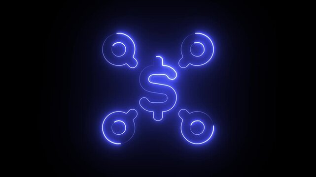 Dollar sign surrounded by four at signs forming a circular pattern with neon blue glowing lines on a dark background representing financial communication and online transactions.