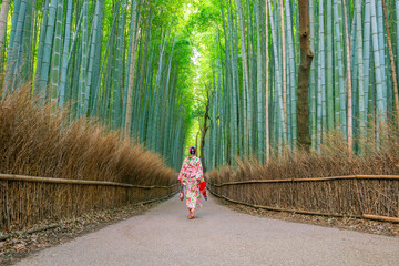 Girl wearing a traditional Japanese kimono at the bamboo forest in Kyoto