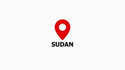 Red map marker with the word S U D A N below it on a white background location pin navigation destination © SMSR