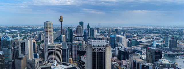 Fototapeta premium 7 February 2026 Panorama Aerial View of Central Business District CBD on Sydney Harbour Circular Quay cruise Liner on a nice Summer day beautiful Sky in Sydney NSW Australia
