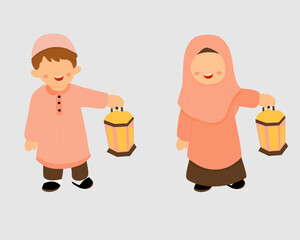 Happy Muslim Children Celebrating with Lanterns