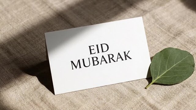 Eid Mubarak Greeting Card with Green Leaf and Soft Shadows on Textured Background Minimalist Islamic Celebration