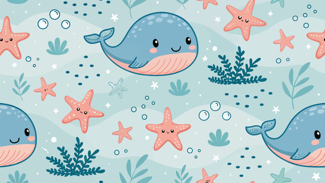 Kawaii ocean life seamless vector pattern with cartoon whales starfish seaweed and bubbles on a light blue background for kids