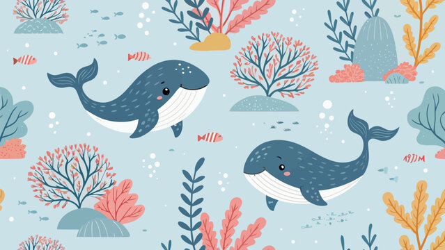 Cute cartoon whales swim with coral reef seaweed in seamless pattern vector illustration for kids ocean underwater scene