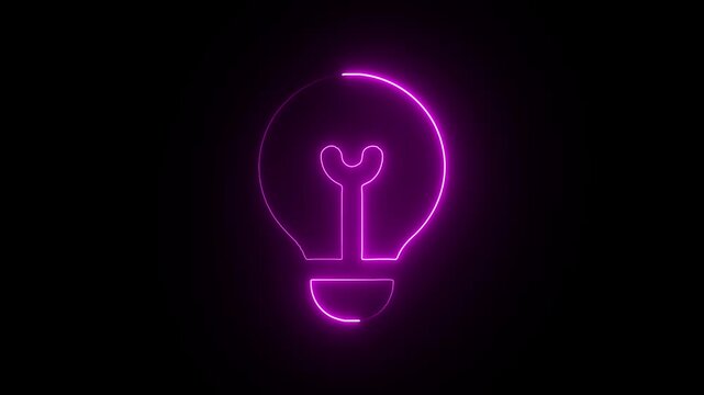 Bright neon light bulb icon shining on a dark background symbolizing innovation and creativity in a digital illustration.