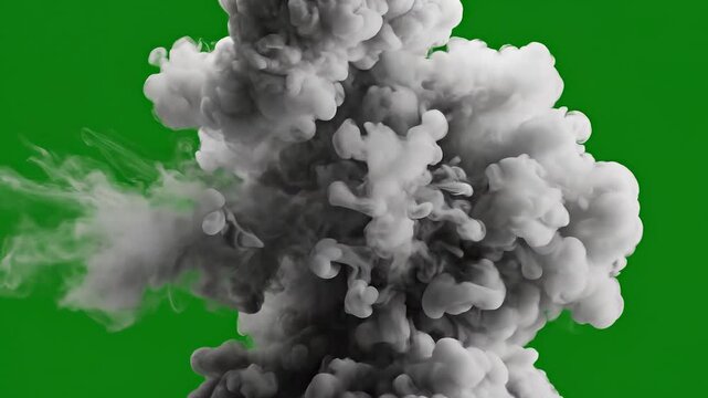 Smoke explosion, puff of gray smoke, rising steam, fog effect, for video or animation, overlay element, Isolated on green background, png