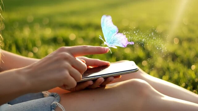 A woman s hand taps a smartphone screen outdoors releasing a magical feather and sparkling light representing innovation connection and effortless digital experiences