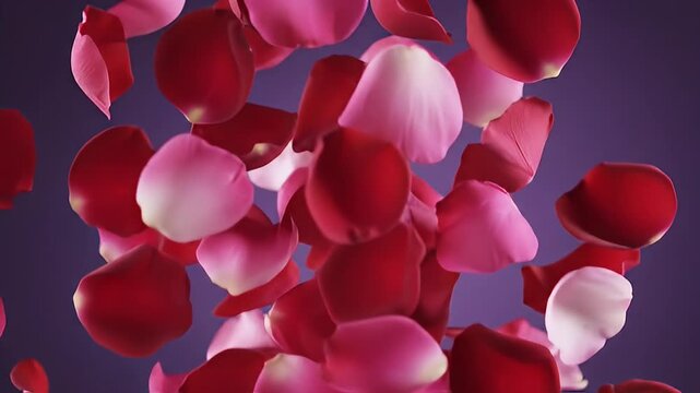 Red and pink rose petals falling gracefully against a purple background.