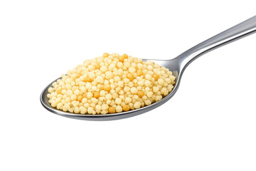 Spoon full of golden couscous grain pasta for healthy cooking and mediterranean diet preparation, transparent background