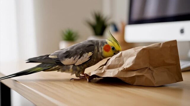 Close up of a cockatiel exploring a paper bag indoors.