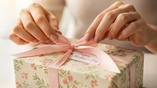 Woman hands tying pink ribbon on mother's day gift box