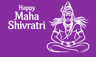Obraz premium Happy Maha Shivratri festival greeting card with Lord Shiva in meditation pose on purple background for Hindu religious celebration and spiritual devotion