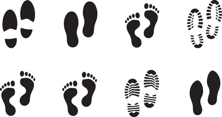 Various footprints and shoe prints in different shapes and sizes on white background
