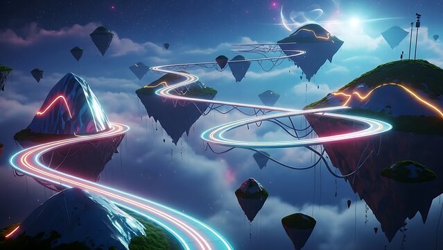 A curомик surreal landscape with neon lights and floating islands Page surrealism view Page Page Floating Page aerial Page lev