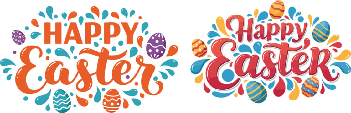 Colorful happy easter greeting cards with eggs and floral patterns for spring