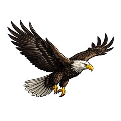 Obraz premium Majestic eagle flying high in the open blue sky with powerful wings spread wide, symbol of freedom, strength and leadership, realistic wildlife bird image in high resolution for stock photography use!