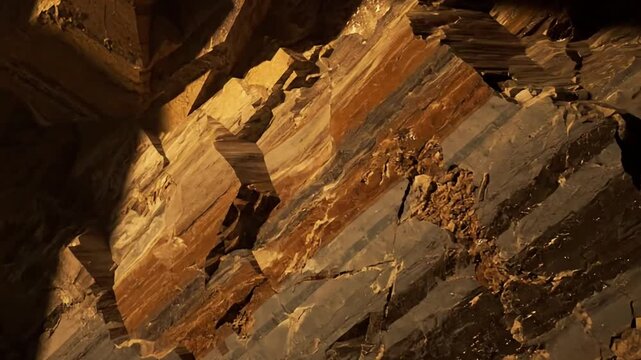 Mineral Vein Geometry Detailed view of a prominent mineral vein cutting through dark rock, caught by a narrow beam of light emphasizing its linear and angular structure.