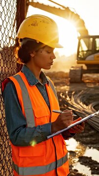 Construction worker writes on clipboard at site with excavator at sunset. Woman engineer inspects construction with hardhat. Worker checks clipboard at construction site. Engineer at sunset.