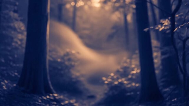 Whispering Woods Texture Gentle, slow camera movement through a duotone forest, emphasizing the blurred textures of tree trunks and branches, creating an abstract, fluid composition.