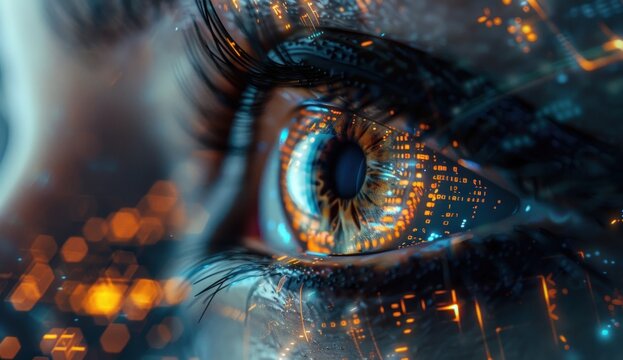 Futuristic human eye with intricate glowing digital circuitry and data patterns