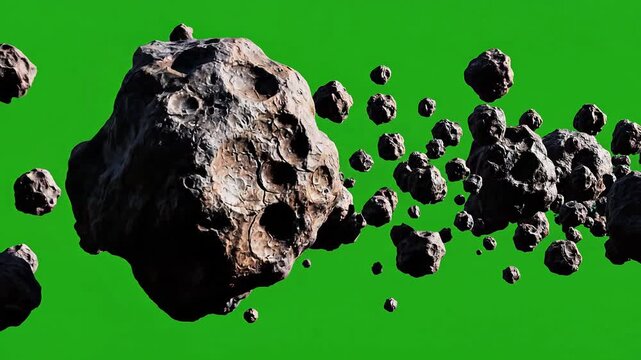 Asteroids floating in space with green background