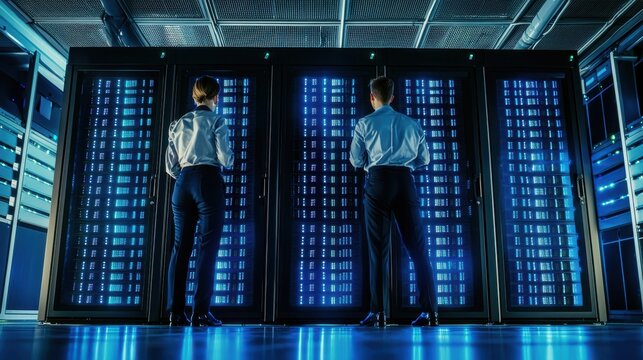 Data Center Professionals Analyzing Server System Operations