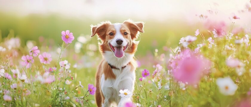 Happy Dog Playing in Colorful Flower Field at Sunrise
