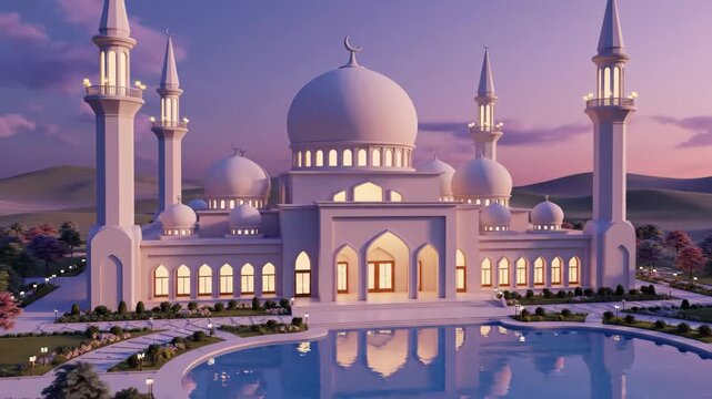 Evening transition of an opulent mosque with reflections on water