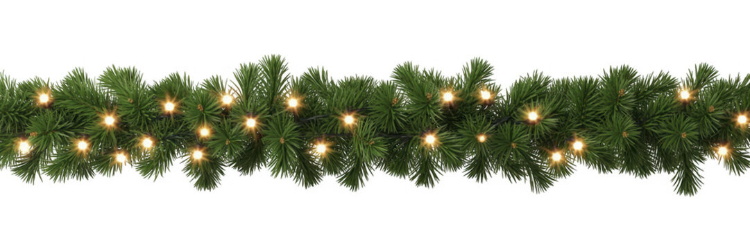 Christmas garland with warm white lights green garland pine garland isolated on a transparent background