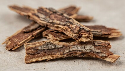 Fototapeta premium Rustic Wooden Bark Pieces on Neutral Background