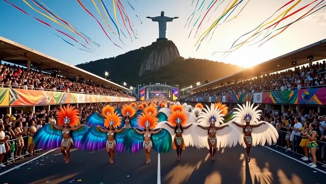 Vibrant Carnival Parade with Colorful Feathered Costumes in Rio de Janeiro