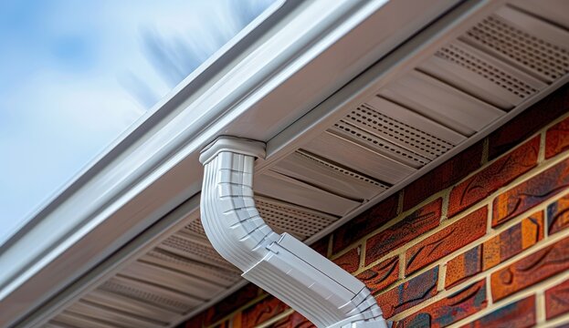Exterior view white rain gutter, downspout, and soffit on brick wall against blue sky