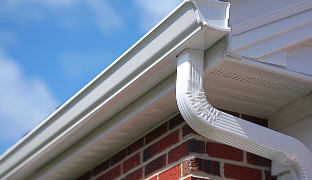 Modern white rain gutter and downspout on a house corner under a bright blue sky